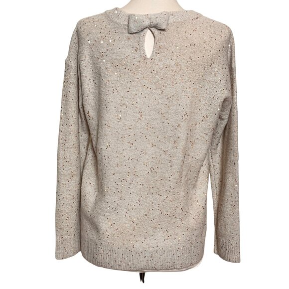 Karl Lagerfeld Paris Womens Sweater M Cream Gold Sequins‎ Keyhole Bow Clean Girl - Picture 2 of 10